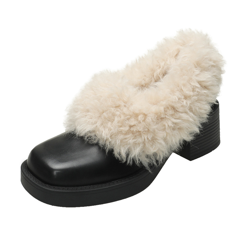 Women Casual Shoes:In Stock Square Toe Plush Warm Coarse Heel Loafers Shoes French Mary Jane Shoes Leather Shoes,Black/Brown,Free shipping