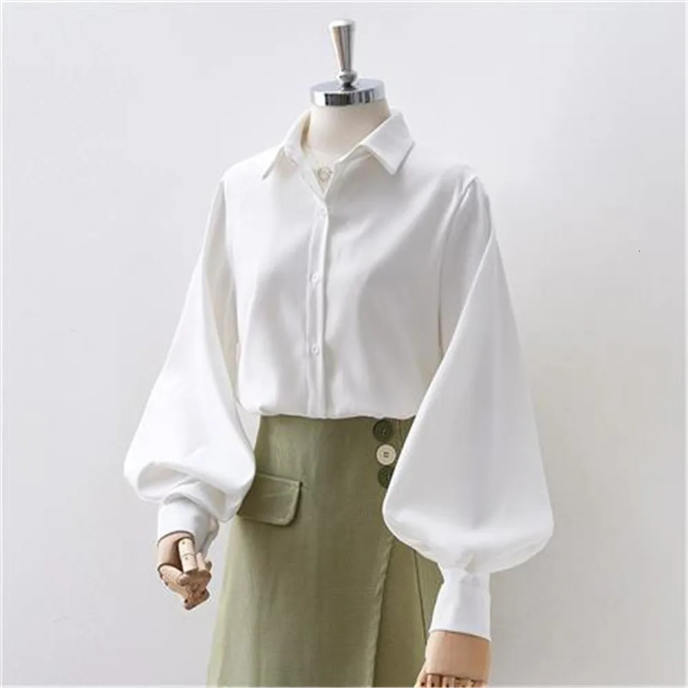 Korean style womens lantern sleeves loose collar simple solid womens shirt autumn full matching fashion 241211