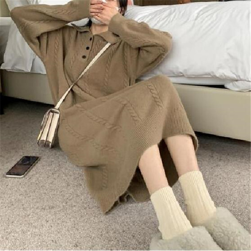 L9232 European and American high-end mid-length knitted dress for women in autumn and winter, large size, thickened and loose bottoming sweater dress