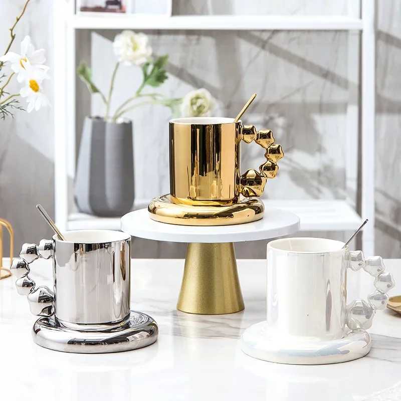 Colorful pearl ceramic coffee cup gold plate light luxurious Nordic style tea breakfast water g Y241211