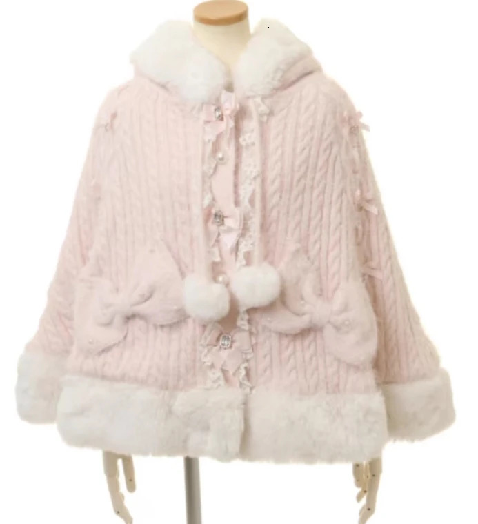 Japanese Sweet Soft Thick Womens Double layer Large Ribbon Hooded Knitted Cloak 3-Color Autumn and Winter Raincoat Warm Jacket 241212