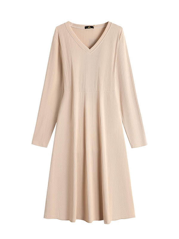 B920Extra large size women's V-neck long-sleeved dress 2024 spring and autumn new fat mm drape knitted skirt