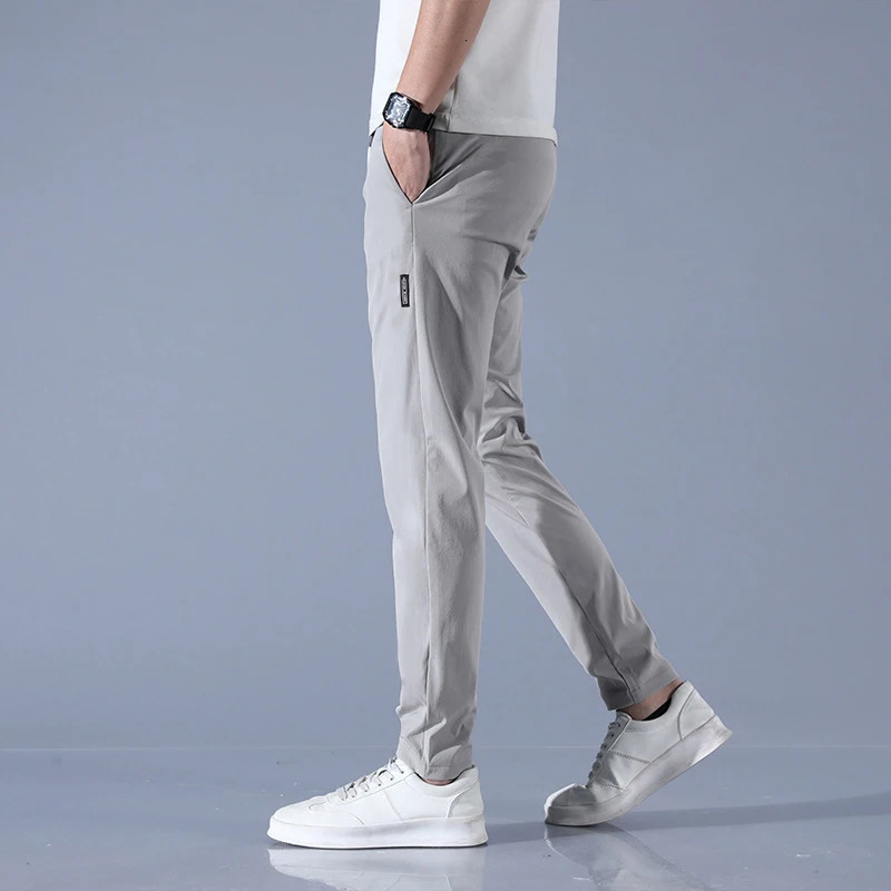 Ice Silk Mens Pants 2023 Summer Black Gray Thin Business Casual Outdoor Elastic Breathable Straight Leg Sweatpants 241203Z