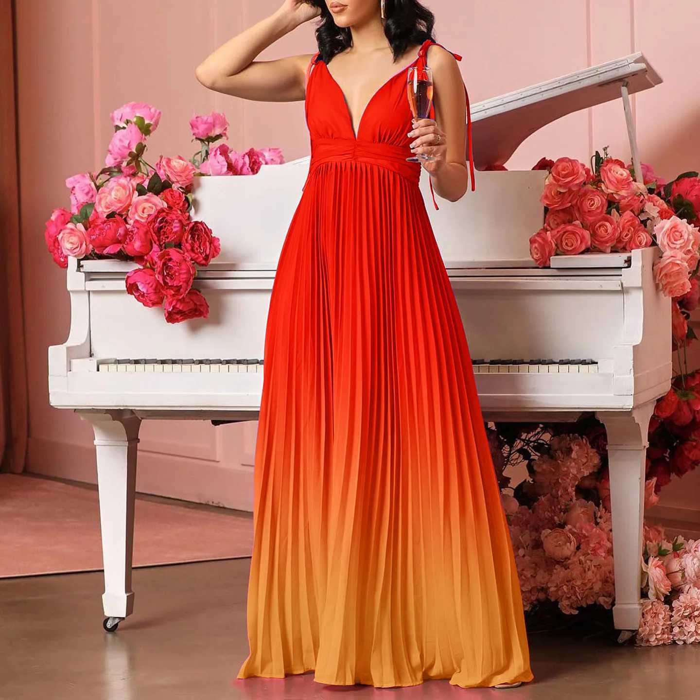 Urban Sexy Dresses Women Dress Sexy Long Dresses Pleated Sling Slveless Slim Fit V Neck High Waist Elegant Splice Gown Gradient Vestidos Y2412122AFN