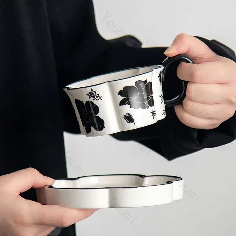 Luxury ceramic coffee cup retro exquisite floral couple GS breakfast oatmeal milk cup high-end water cup Y241211