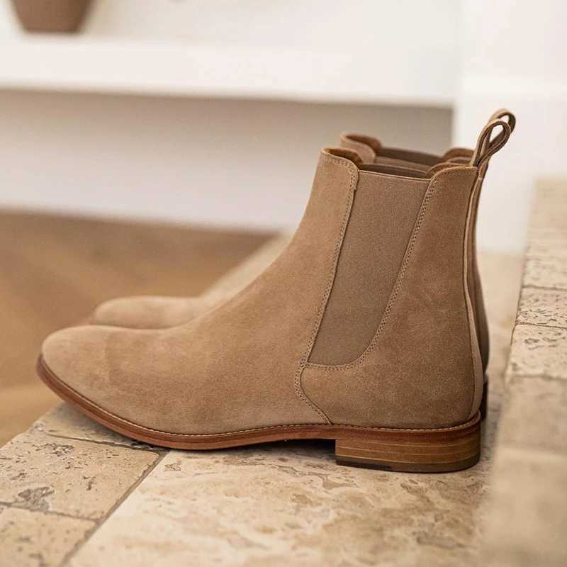 New Chelsea Boots for Men Business Cow Suede Pointed Toe Slip- Solid Mens Formal Boots Size 38-46 Vintage Mens Ankle BootsXJ241212