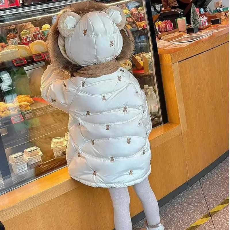 Girls Winter New Teddy Bear Embroidered Cute and Fashionable Windproof Warm Big Fur Collar Hooded Cotton JacketXJ241211