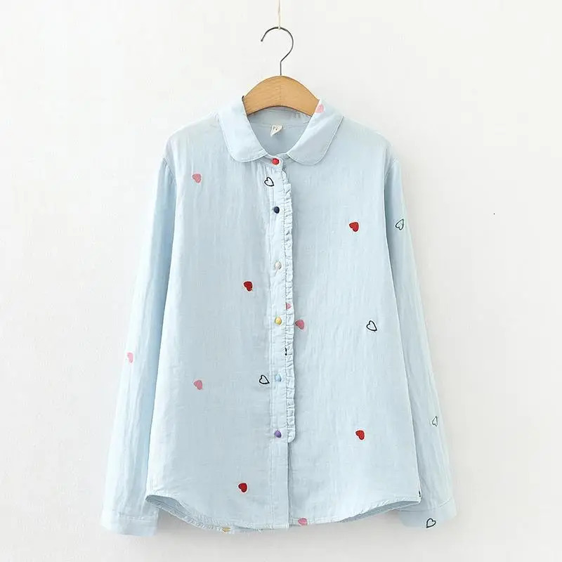 Autumn Collar Printed Casual Long Sleeve Loose Top Womens Fresh White Blue Shirt 241211