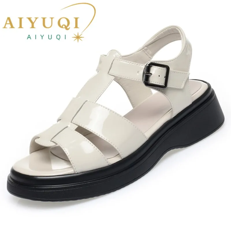 AIYUQI Women Sandals Summer Genuine Leather Wedge Women Sandals Open Toe Roman Sandals Women