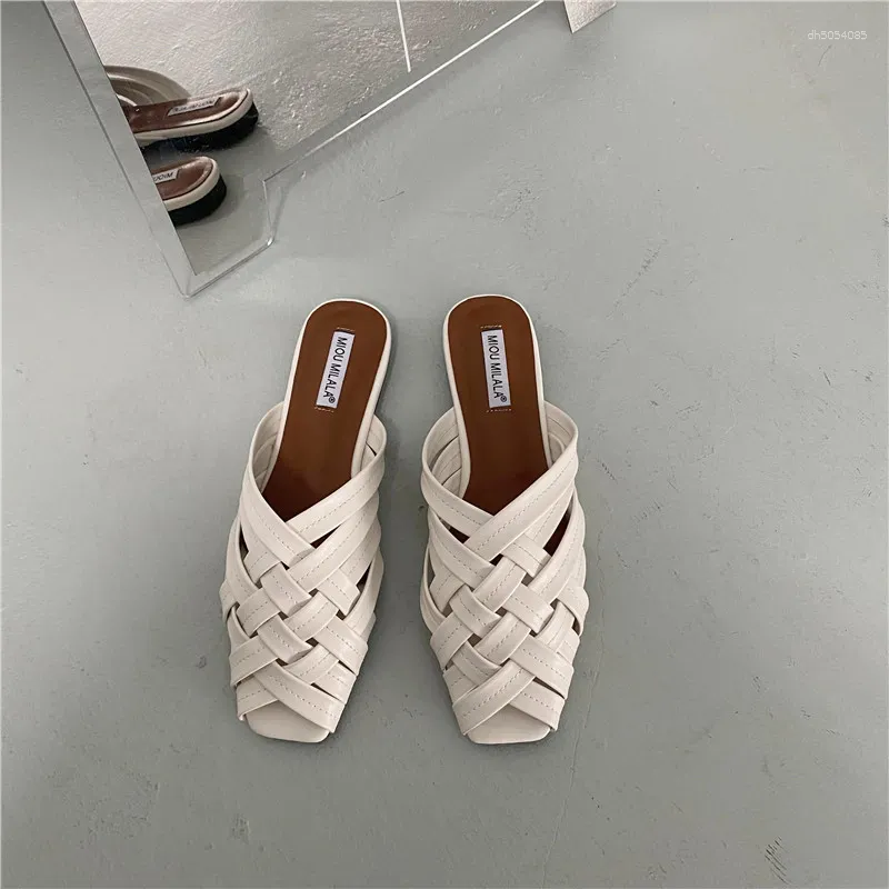 Slippers Cover Toe Mules For Women 2024 Shoes Female Low Slides Fashion Square Flat Fabric Hoof Heels Rome PU Spring
