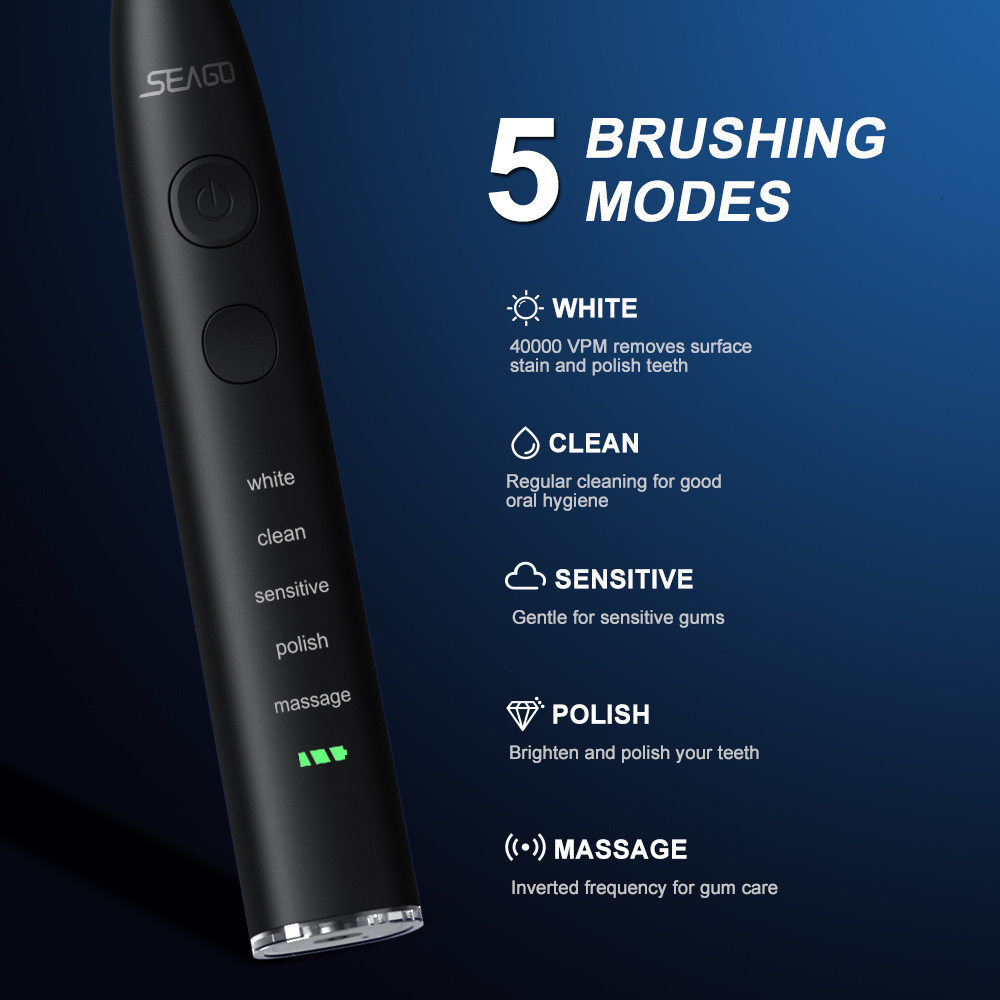 Seago Electric Sonic Toothbrush USB Rechargeable Adult 360 Days Long Battery Life Ipx7 4 Replacement Heads Travel Box Sg-575