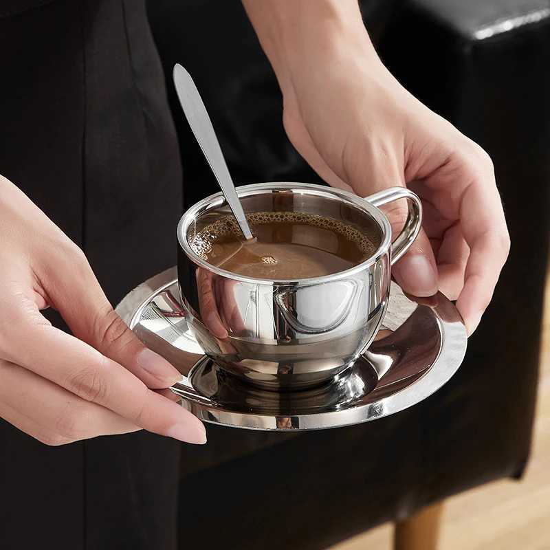 3 pieces/set of new stainless steel coffee cups with tray mixing spoon double wall Crazy Milk Tea G household water cup Y241211