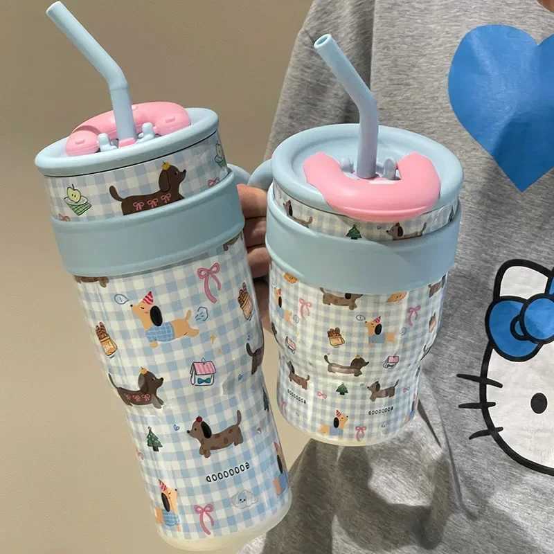 Cute Water Bottle 316 1200ml Large Capacity Hot Water Bottle with Straw 700ml Coffee Cup Birthday Gift with Handle Travel GS Y241211