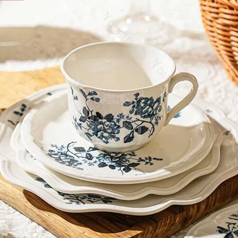 Vintage French style ceramic coffee cup luxurious dessert shop exquisite coffee cup and plate set afternoon tea fruit bowl Y241211
