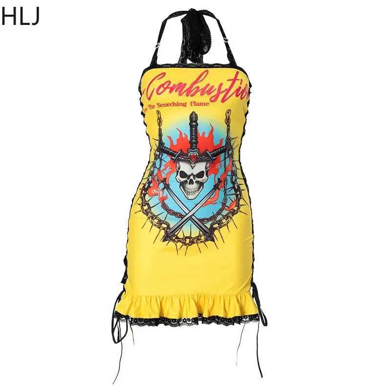 Urban Sexy Dresses HLJ Sexy Letter Pattern Lace Halter Bodycon Mini Dresses Women Slveless Backless Slim Vestidos Fashion Y2K Bandage Strtwear Y241212