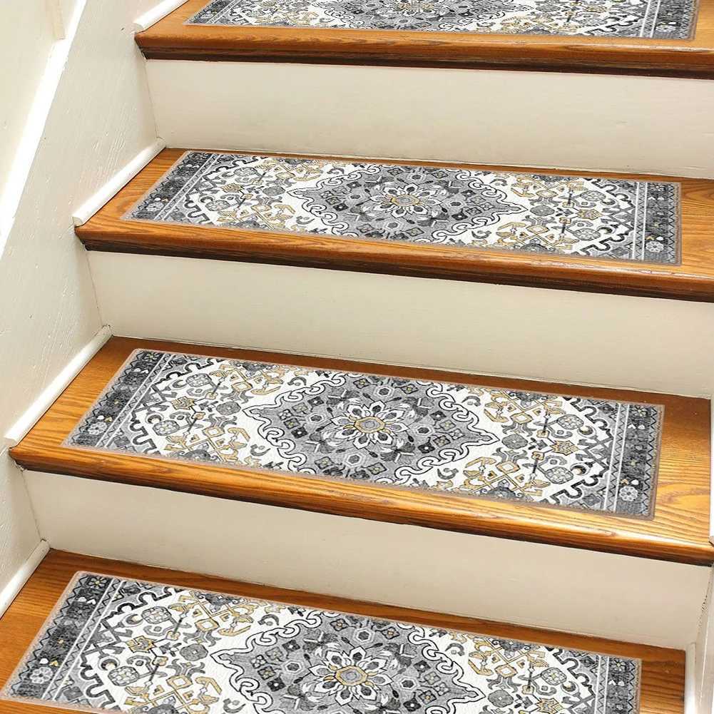 15PCS 76x21cm Home Indoor Soft Self-adhesive Stair Stepping Mat Bohemian Non-slip Stair Carpet Protector Rug for Pet Kids ElderXJ241211