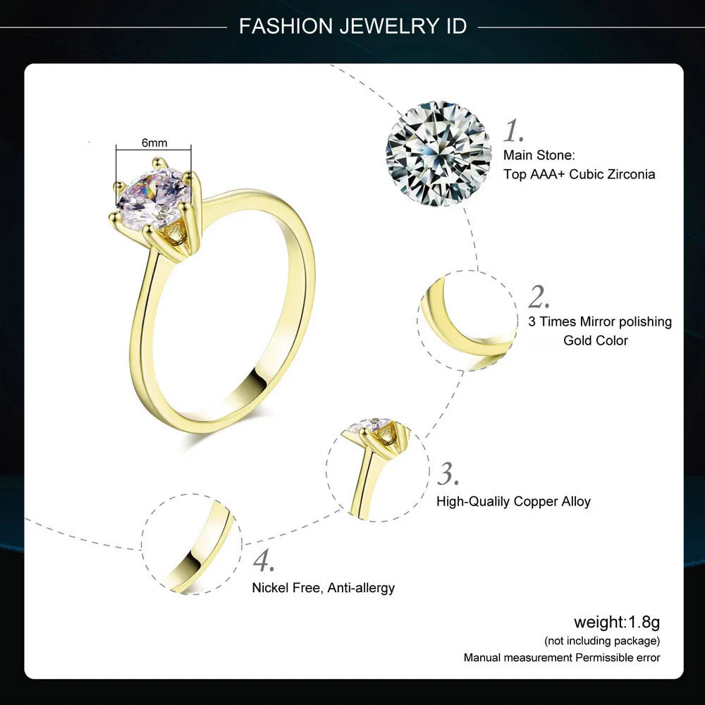 Classic 1 Crystal Womens Wedding Ring Zirconia Gold Engagement Anniversary Recommended Jewelry R174 241210