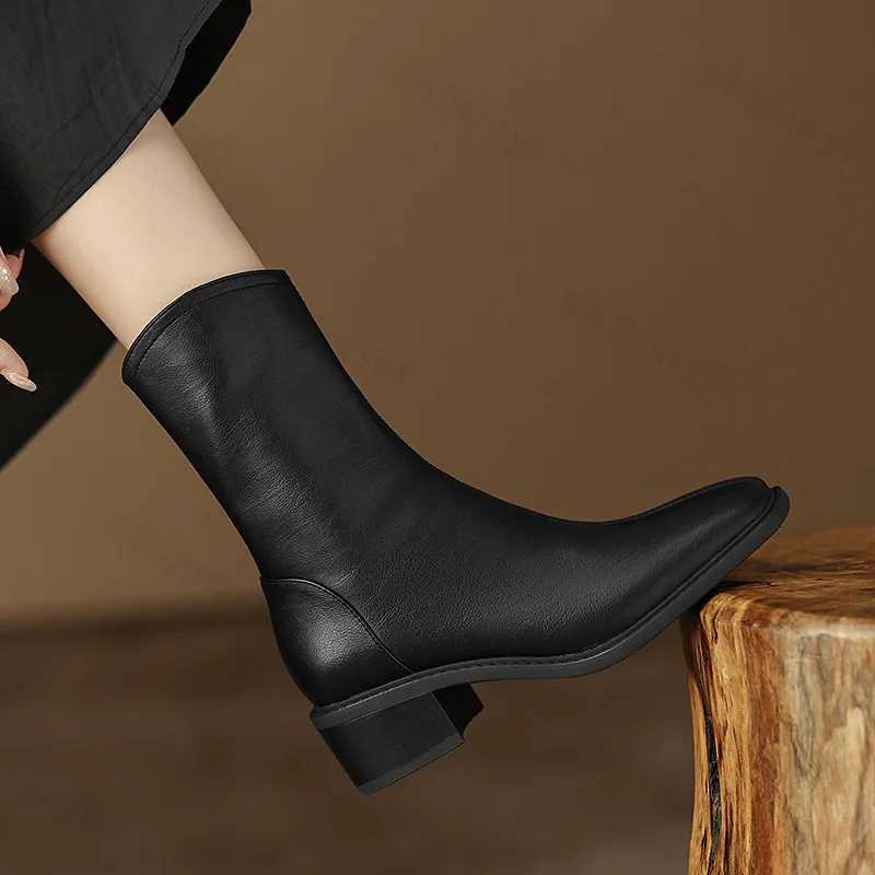 2025 New PU Leather Ankle Boots for Women Shoes Fi Side Zipper Outdoor Ladies Footwear Low Heel Short Black Botas De MujerXJ241212
