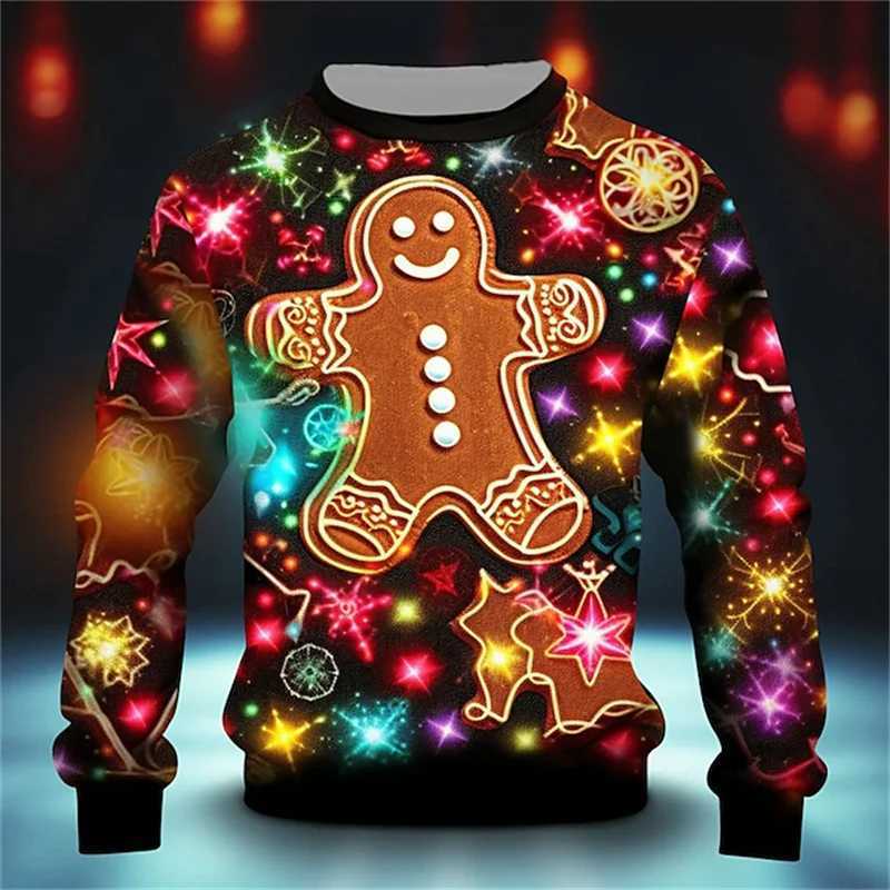 3D printed Christmas ugly sweater with colorful patterns mens holiday Pullover top snowman gingerbread 2025 fashion trend sweater W2401211