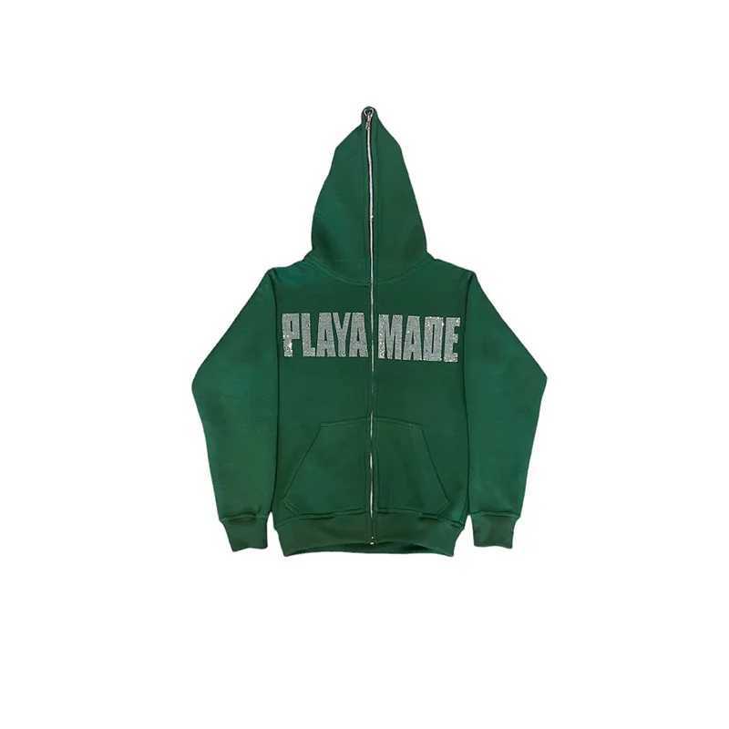 Men Y2K Fashion Hoodie Rhinestones letter graphics Print Zip Hoodie clothes Hoodies Goth Long Slve Sweatshirt Oversized TopC241211