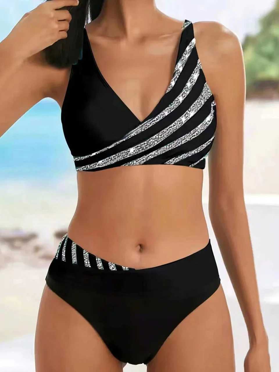 V Neck Bikini Set 2024 Women Stripe Print Patchwork Swimwear Summer Beachwear Swimsuit Fa Bathers Bathing Swimming Suit 2XLXJ241212