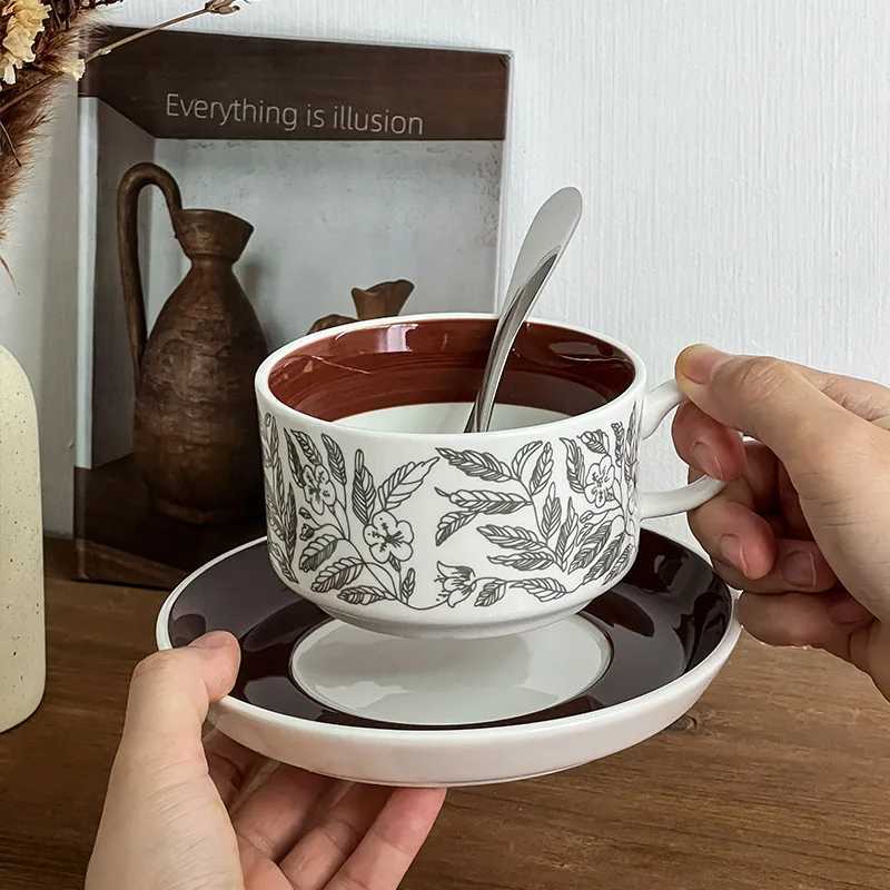 Ceramic coffee cup and sauce lamp luxurious high beauty value afternoon tea cup retro latte cup Y241211
