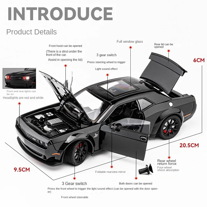Simualtion 1 24 Dodge Challenger Hellcat Redeye Alloy Car Model Sound and Light Children Toy Birthday gift Miniature Voiture 241212