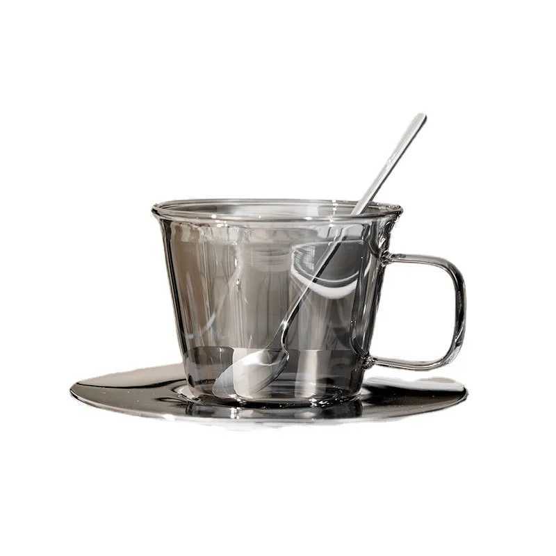 250ml coffee cup and plate set retro light smoke gray transparent coffee cup afternoon tea cup set with spoon Y241211