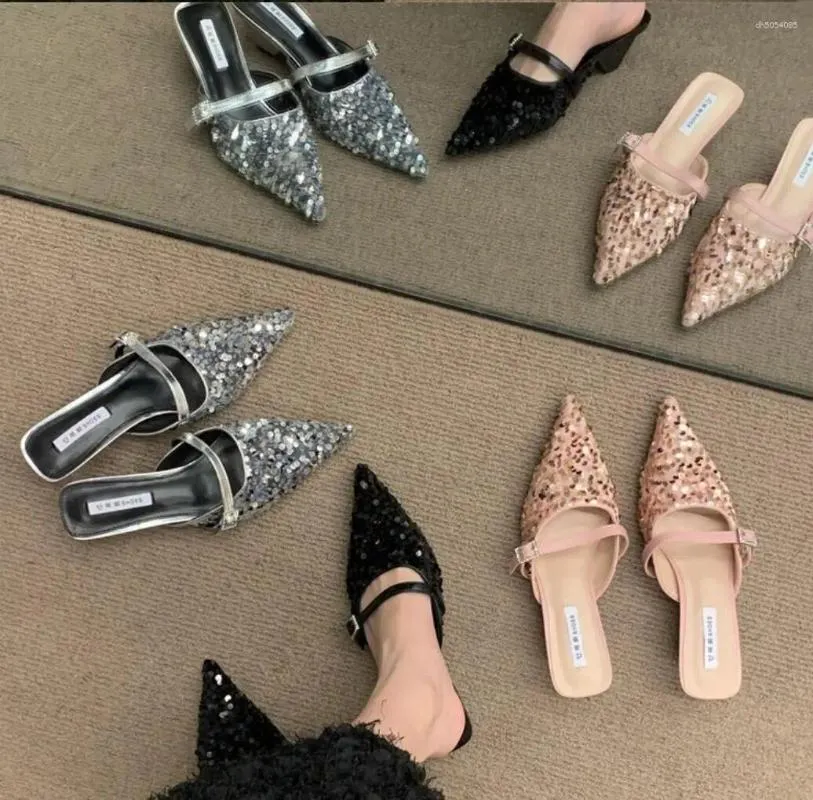 Slippers Spring/Autumn Fashion Sexy Women Shoes Elegant String Bead Crystal Slip-On Chunky Heel Mules Slipper 2024 Dresses