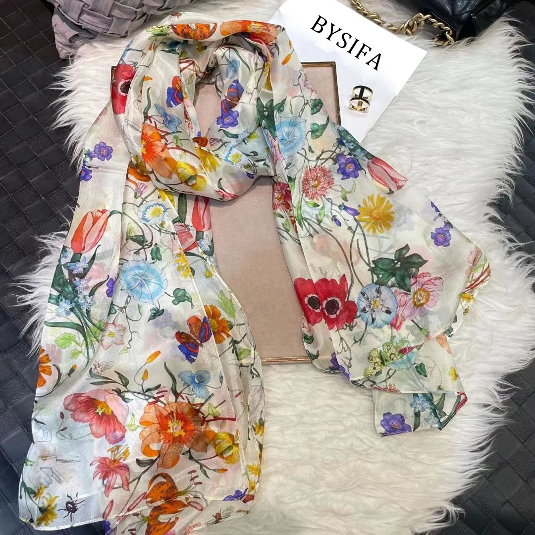 White 100% silk scarf womens scarf Bufandas summer beach shawl Foulard autumn and winter flower long neck scarf headscarf 241211
