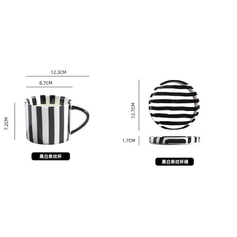 Ceramic coffee cup and sauce set hand-painted striped retro water cup breakfast cup afternoon tea cup and sauce Y241211