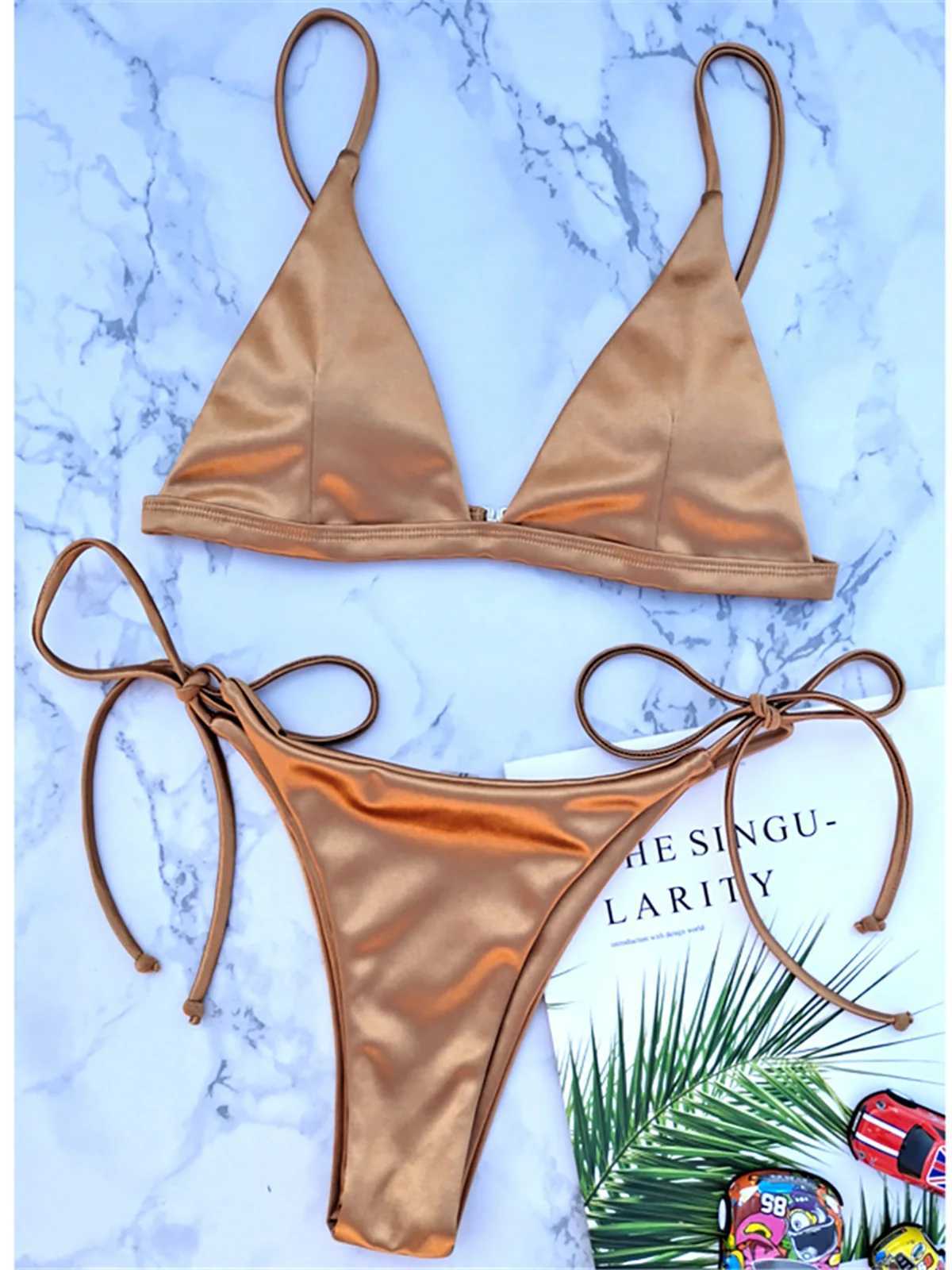 6 Colors Satin High g Cut Brazilian Bikini Women Swimwear Fa Swimsuit Two-pieces Bikini set Bather Bathing Suit Swim K4964XJ241212