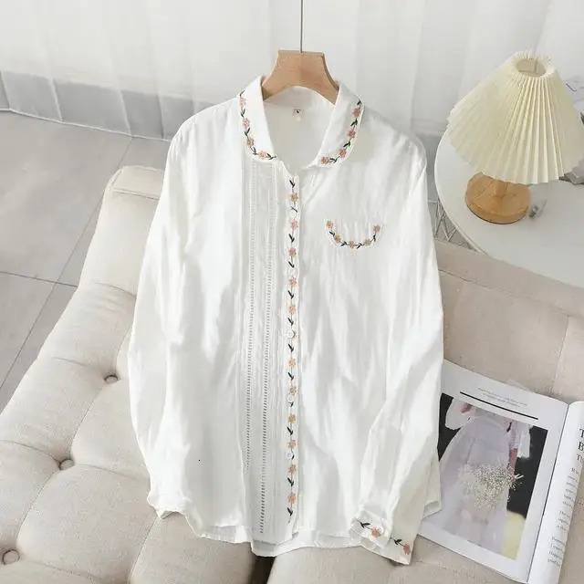Autumn Collar Printed Casual Long Sleeve Loose Top Womens Fresh White Blue Shirt 241211