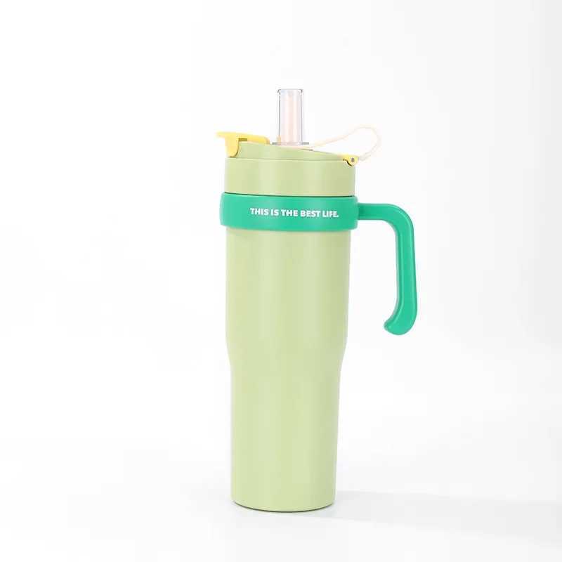 900ml stainless steel inflatable water bottle large capacity hot cup hot coffee cart cup hot and cold GS with handle straw Y241211