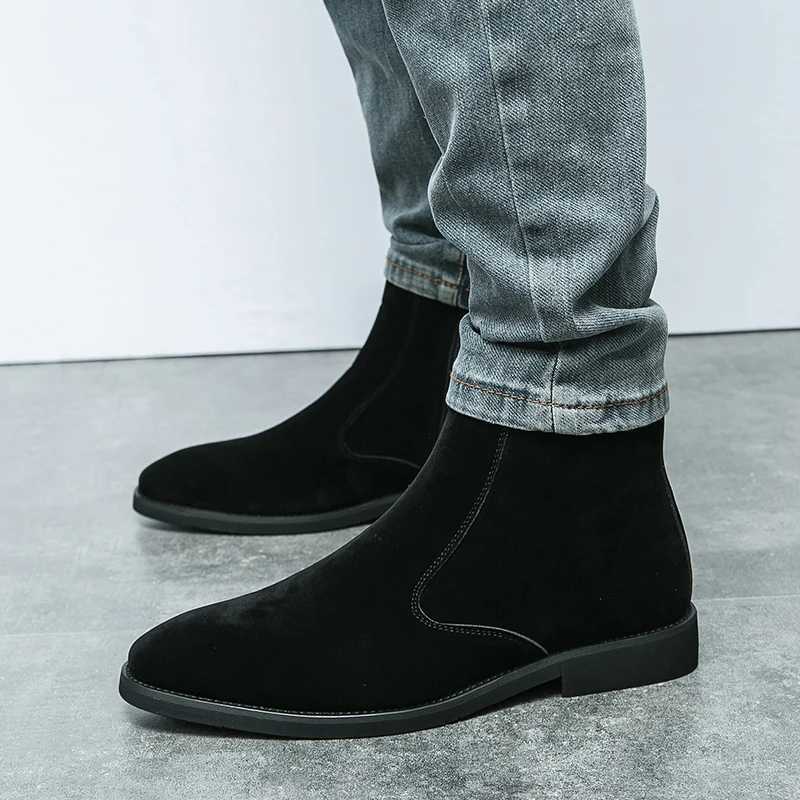 Chelsea Boots Men Faux Suede High Top Solid Low Heel Side Zipper Business Formal Boots Professial Classic Fi Denim BootsXJ241212