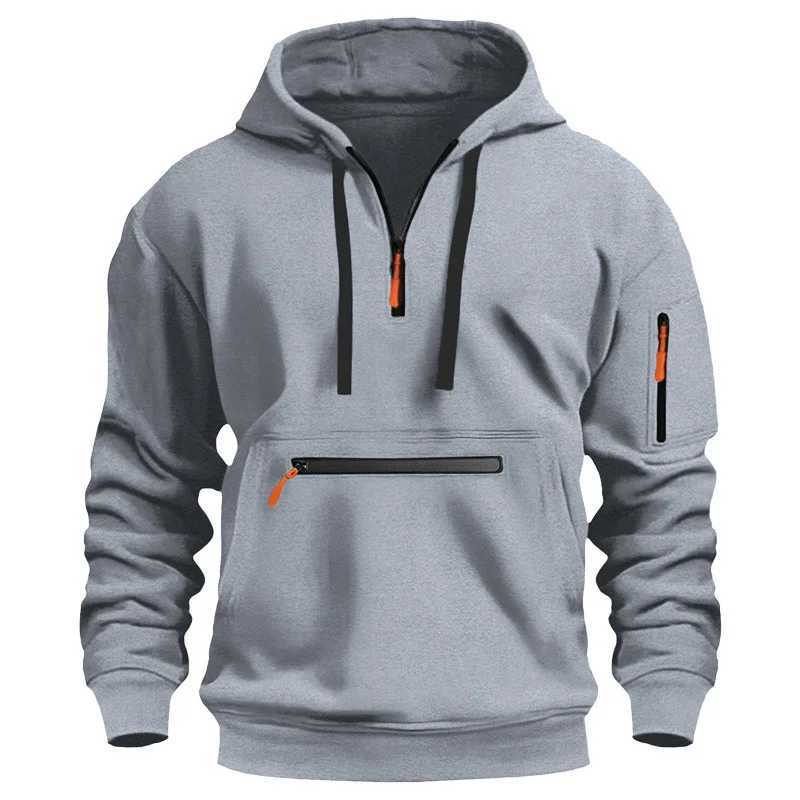 Mens casual sports hoodie spring and autumn fashion arm pocket drawstring cover solid color loose long sleeved shirt drawstring W2401211