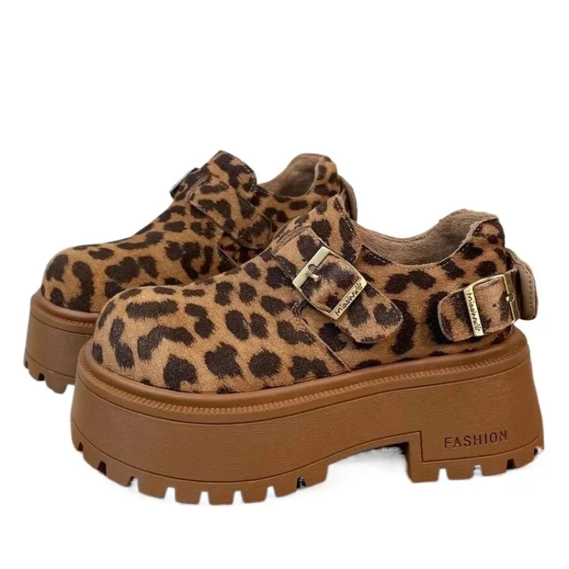 Ladies Shoes Buckle Strap Fashion Leopard Print Casual Pumps Women Round Toe Platform Heels Zapatos Mujer 241211