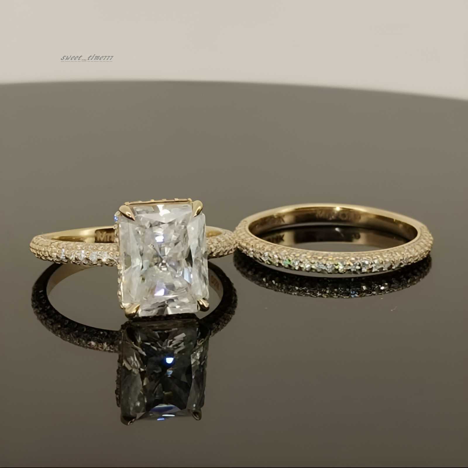 Hot Selling 925 Sterling Silver Gold Plated Moissanite Engagement Wedding Set Rings 4CT Radiant Moissanite Ring