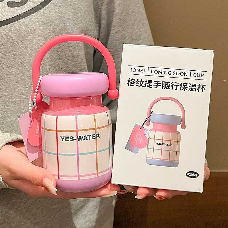 Checkered Handle Accpaning Thermos Cup for WenHigh-lookingFreshStudentPortable Stainless Steel Thermos Cup Y241211