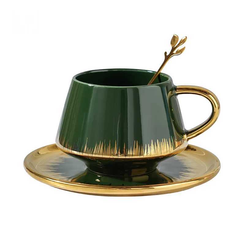 300ml Nordic Light Deluxe Gold Plated Coffee Cup Creative Premium He Ceramic Water Cup Simple Detachment Plate Set Y241211
