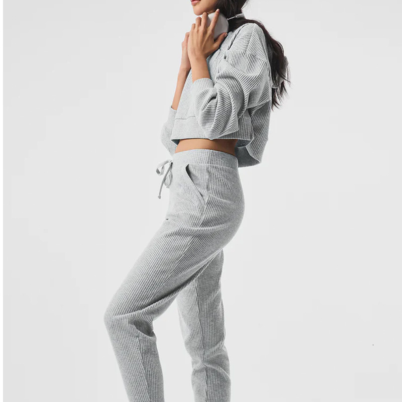Alo Autumn Winter Corduroy Sports And Leisure Set, Pullover Hooded, Loose Fit Fitness Running Hoodie, Long Sleeved For Women