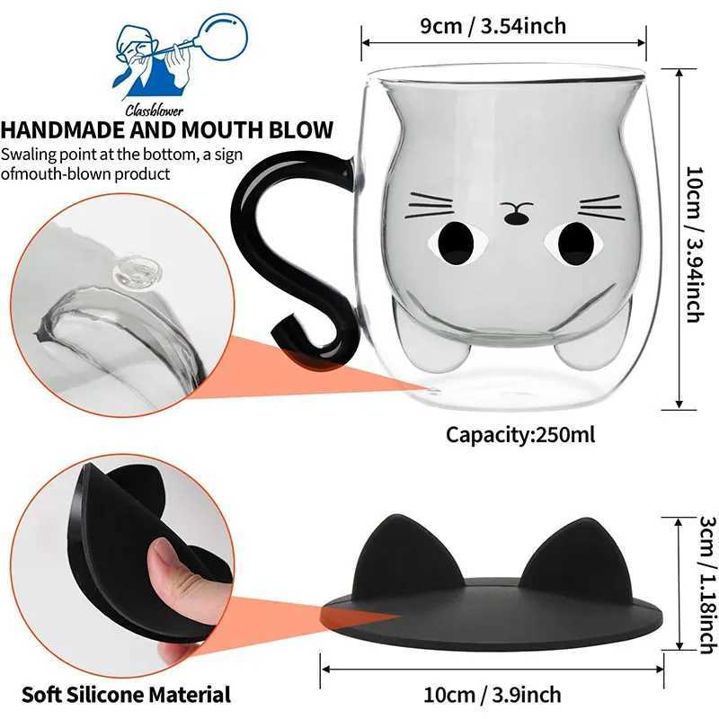 Cute dual wallet coffee cat g with handle Kawaii cat with lid teacup cute cat lover birthday gift Y241211