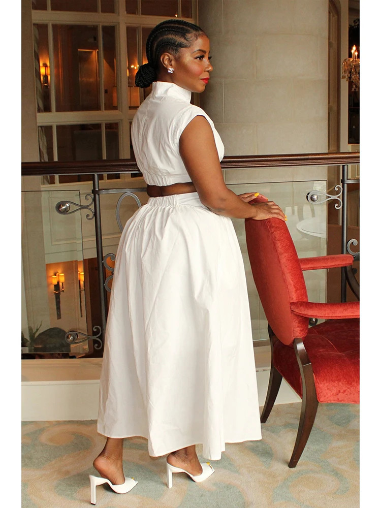 Plain collar plus size dress sleeveless white dress A-Line elegant pocket summer fashion casual party hollow dress 241211