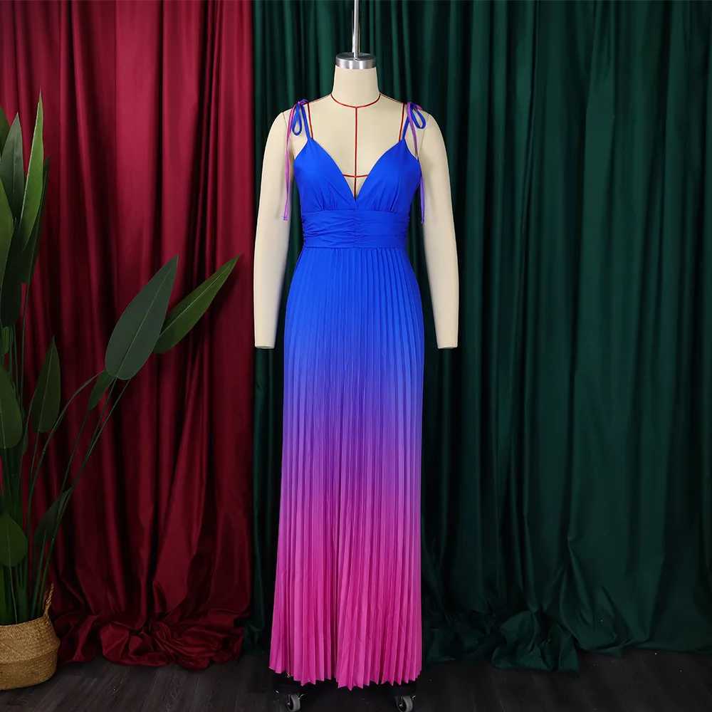 Urban Sexy Dresses Women Dress Sexy Long Dresses Pleated Sling Slveless Slim Fit V Neck High Waist Elegant Splice Gown Gradient Vestidos Y2412122AFN