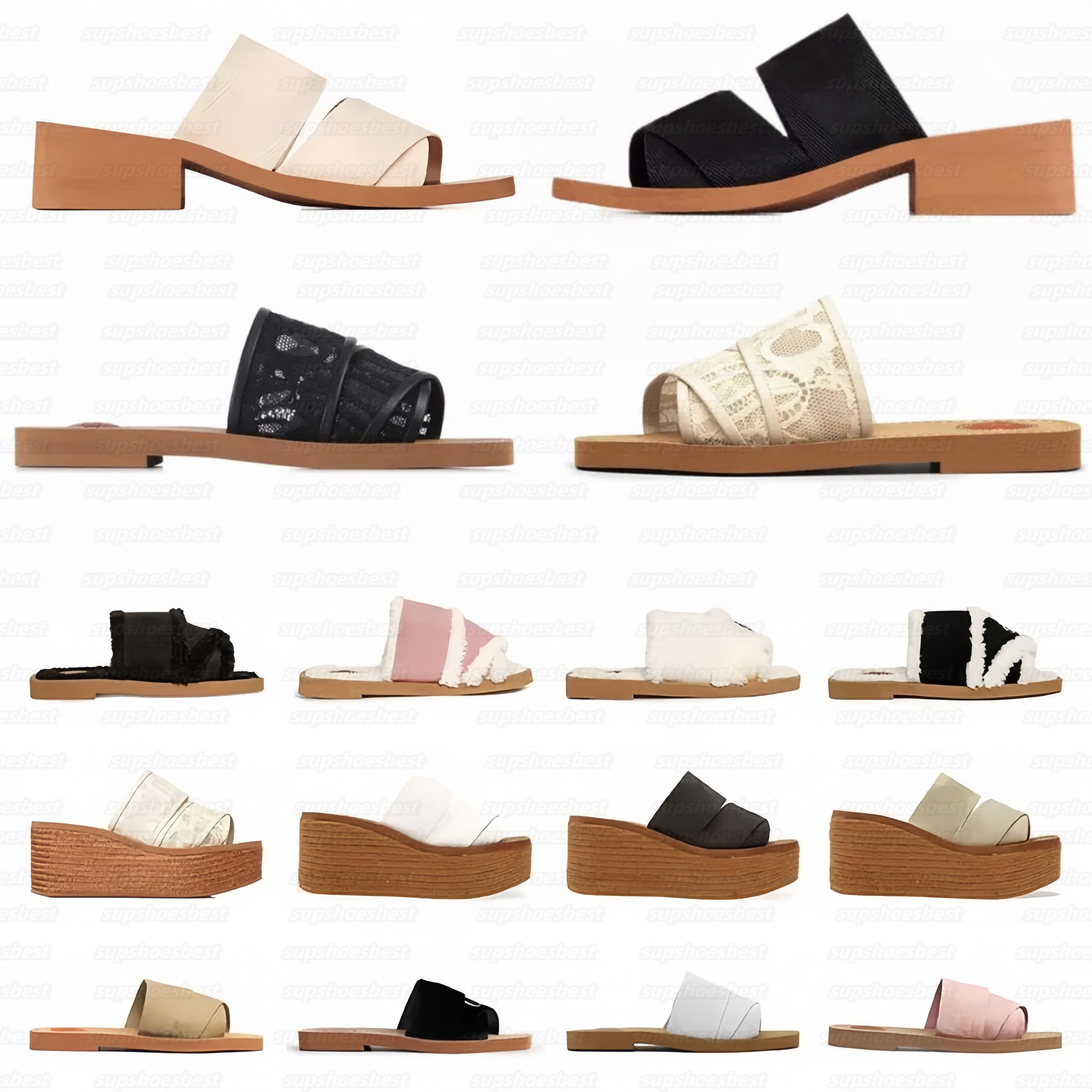 Designer Woody sandals for women Mules Heel Kitten slides famous beige white black pink lace Lettering canvas slippers Flip flops womens summer luxury shoes