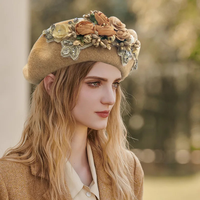 Winter Autumn Womens Beret Hat Flower Diamond Turbo Hat Womens Headbag Cover Turbo Drone 241211