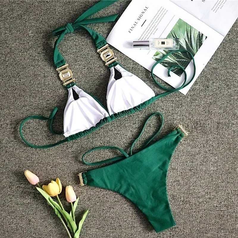 2024 Rhinestone Two 2 Piece Swimsuit Fa Luxury Crystal Sexy Thong String Bikini Set Women Swimwear Beach Wear Bathing SuitXJ241212