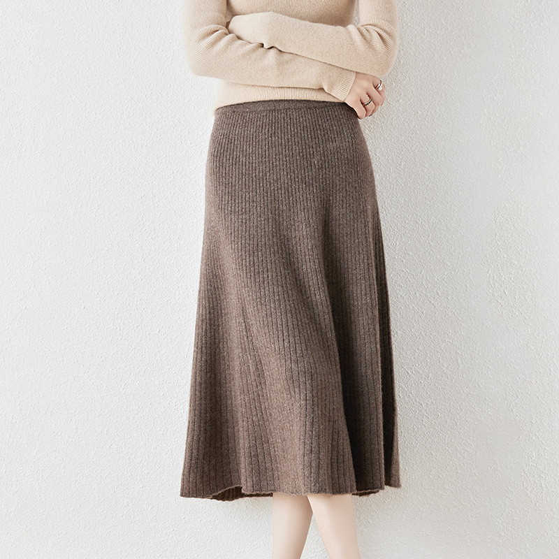 B721New wool skirt A version slim all-match skirt women's thickened knitted umbrella skirt large size solid color skirt