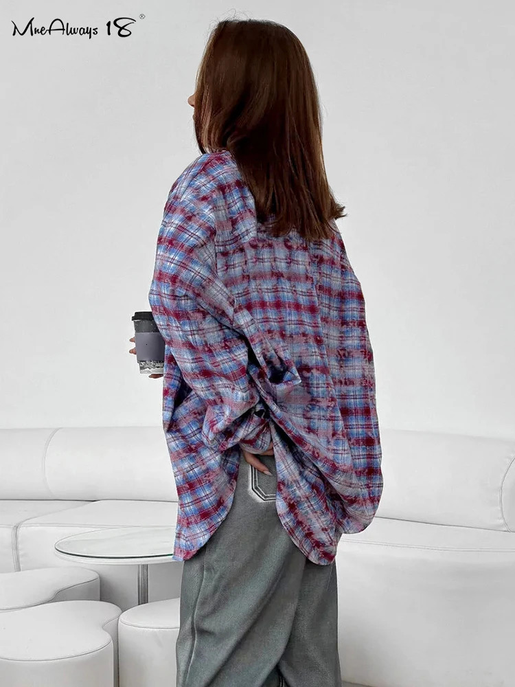 Mnealways18 Fashion Distressed Plain Shirt Womens Spring Purple Office Womens Loose Shirt Cotton Long Sleeve Shirt 241211