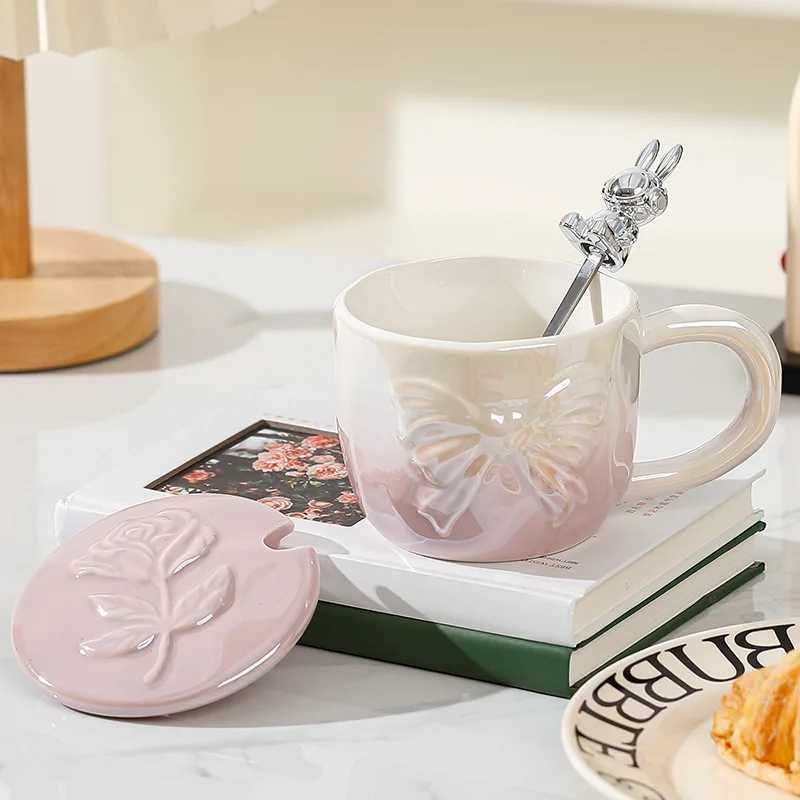 Creative Gradient g Pearlescent Gla Ceramic g Bow Tie Coffee g Lid n Spoon Gift for Friends and Family Y241211